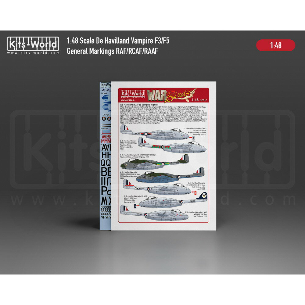 模型・プラモ総合専門店　ホビコレのキッツワールド 1/48 デ・ハビランド バンパイアF3/F5 RAF/ACFA/RAAF デカール KW148247｜アングル3