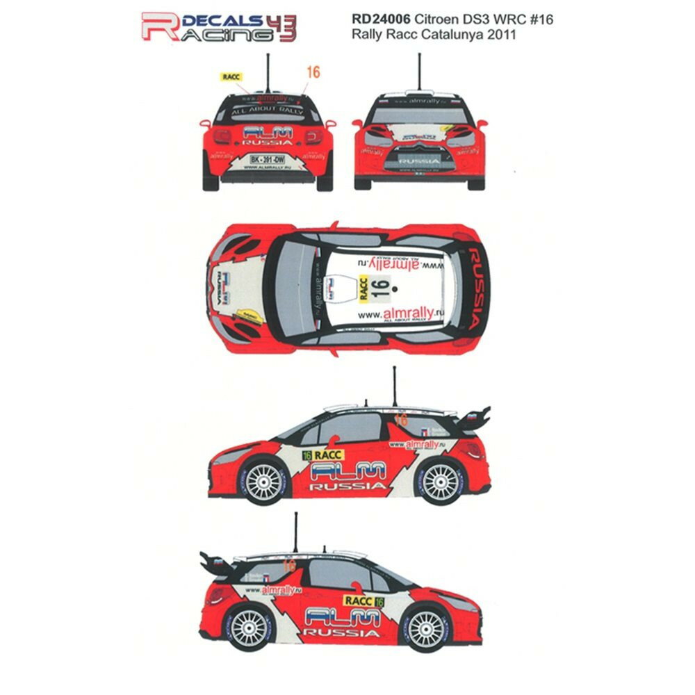 レーシングデカール43 1/24 シトロエン DS3 WRC カーNo.16 RACCラリー カタルニア 2011 RD24-006