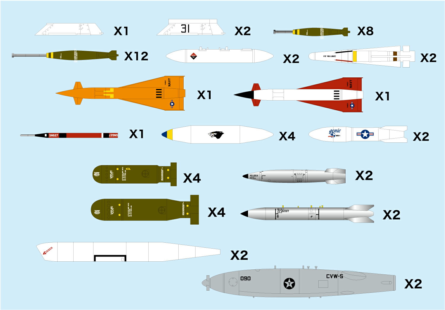 【商品について】 1/144スケールの飛行機モデルに幅広く使えるウェポンセットです。 戦後の軍用機に搭載される様々なミサイルや爆弾などを再現しています。 この製品はアメリカ軍の空中発射式超音速標的ドローンAQM-37ジェイホークと そのランチャーや空対空ミサイルAIM-26ファルコン、さらに、Mk57、Mk61などの核爆弾などにとどまらず、 AN/AWW-7データリンクポッド、バゲッジポッド、FLIR PODなど、17種をモデル化しています。 豊富な兵装を装備した迫力ある姿を再現します。 このセットの兵装はA-4スカイホーク、F-16ファイティングファルコン、F/A-18ホーネット、 F-4ファントムなどに装備された兵装類です。1/144スケールのキットと組み合わせて 豊富な兵装を装備した迫力ある姿をお楽しみいただけます。 各兵装に見られるマーキングはデカールで用意。もちろん搭載に関する細かな説明もセットされています。 【セット内容】 ■LAU-24/A　AQM-37用ランチャー✕1 ■LAU-24/Aアダプターつき AQM-37用ランチャー✕2 ■Mk.81 250ポンド通常爆弾延長信管つき✕8 ■Mk.82 500ポンド通常爆弾延長信管つき✕12 ■AN/AWW-7 データリンクポッド✕2 ■AIM-26 ファルコン✕2 ■AQM-37 ジェイホーク 無人標的機✕1 ■タクトポッド(空中戦闘機動計器)✕1 ■バゲージポッド(カーゴポッド)✕4 ■AIR-2A ジニー✕2 ■Mk.57 核爆弾✕2 ■Mk.61 核爆弾✕2 ■Mk.52 海底機雷✕4 ■Mk.55 海底機雷✕4 ■FLIR(前方監視型赤外線)ポッド✕2 ■D704 空中給油ポッド Buddy Pod&rdquo;バディポッド&rdquo;✕2 ■AQM-37C ジェイホーク 無人標的機✕1 【対応キット】 ●【PF-40】アメリカ空軍 F-16C ●A-4スカイホーク各機種【PDR-5】、【PDR-8】、【PDR-17】、【PDR-29】 ●F-8クルセイダー各機種【PDR-6】、【PDR-9】 ●【AE144-1】 F/A-18E スーパーホーネット、【AE144-2】 F/A-18F スーパーホーネット、【AE144-3】 EA-6B プラウラー ●【FC-2】 アメリカ海軍 F-4JファントムII、【FC-5】アメリカ空軍 F-4EファントムII、【FC-8】 F-105 サンダーチーフ、【FC-9】AV-8B ハリアーII、 【FC-10】F-106A デルタダート、【FC-11】F-15E ストライクイーグル ●F/A-18C ホーネット【FC-14】、【FC-18】 ●F/A-18A ホーネット【FC-16】　●【FC-12】トーネードGR.1　●【FC-13】F-5E/N タイガーII ※【】内は弊社品番