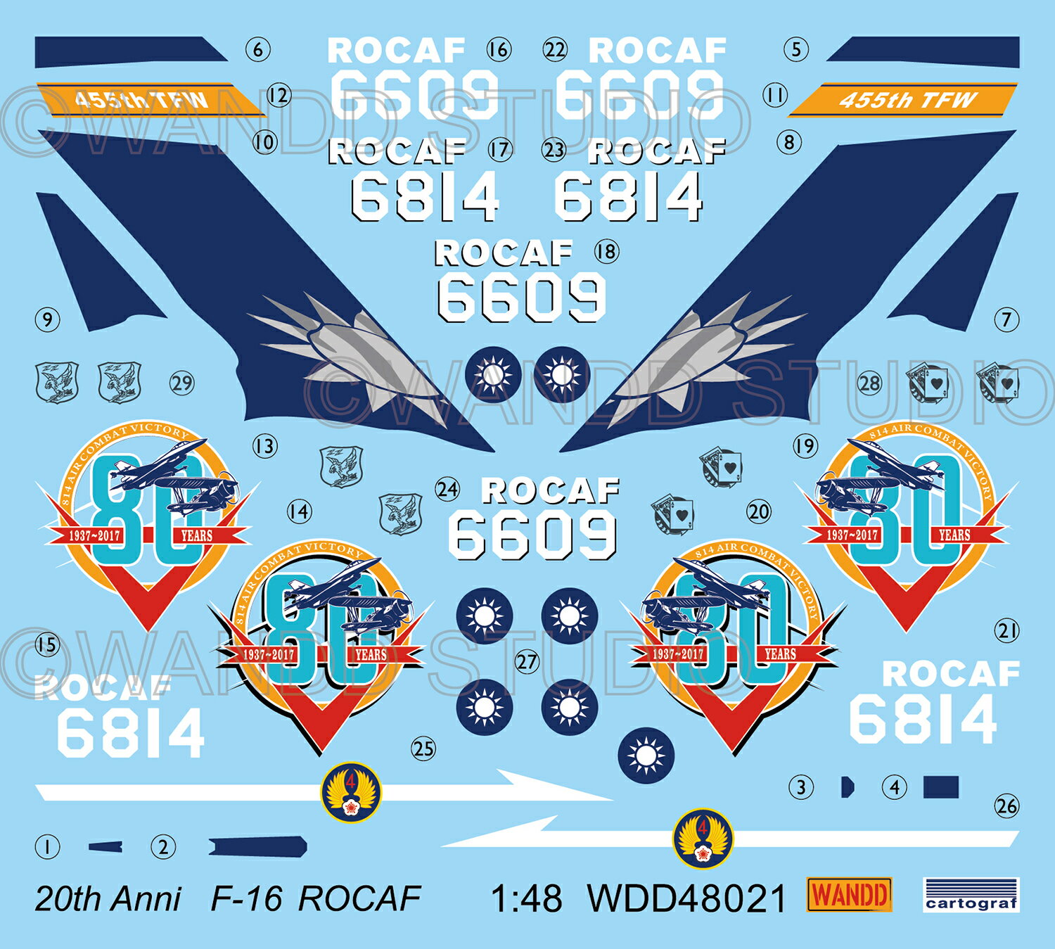 ワンドDスタジオ 1/48 台湾空軍 F-16A/B 814空戦 80周年記念塗装機デカール WDD48021