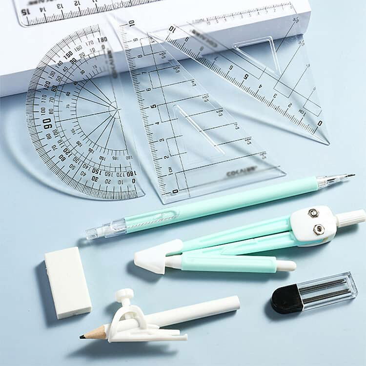 オフィス ケース付き シンプル コンパス 直角 ギフト 分度器 三角定規 消しゴム 定規 直定規 コンパス 見やすい 小学校 中学生 文房具 準備 入学 学校 文具セット 子供 こども 女子 男子 算数 平行 文房具 持ち運び 幾何学 製図 算数セット hobbyroute-10001588 ホビールート サンプル画像2