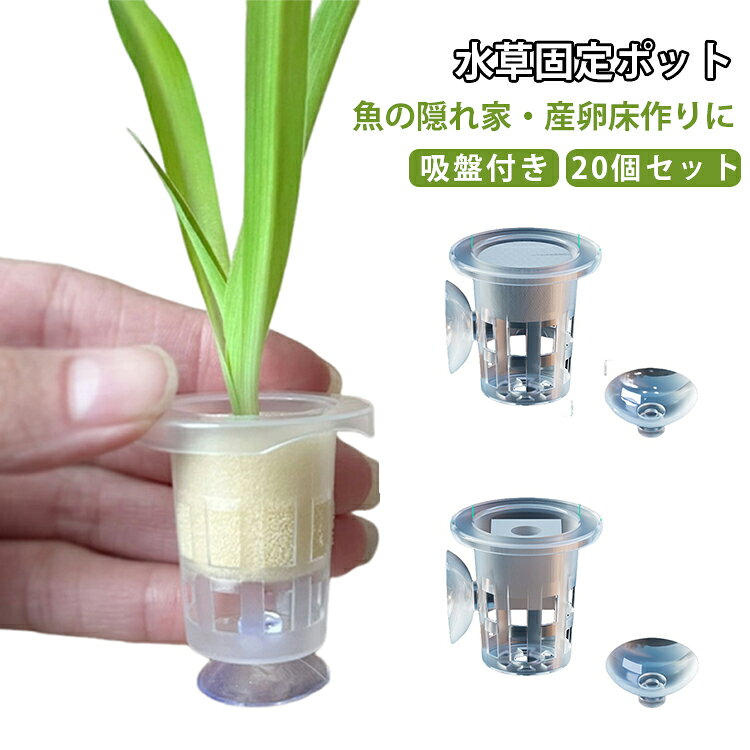 水草固定ポット吸盤付き魚の隠れ家・産卵床作りに20個セット水槽やガラス花瓶にピタッと固定できる吸盤付き育苗ポット。グリーンロや水草、小型観葉植物を水槽内に美しく配置できます。ミニサイズで小型水槽にもすっきり収まります。根元を傷つけずに包み込める専用の固定用スポンジが付き、カップの中に差し込むだけで誰でも簡単にセットが完了します。カップの側面や底部にスリットを設けているため、水流や栄養分が根元まで行き届きやすく、水草の健全な育成をサポートします。自作の産卵床やレイアウト用の水草を美しくまとめることができ、メダカや金魚、エビたちが安心して隠れたり遊んだりできる快適な水中環境を演出します。 サイズ 20個セット サイズについての説明 外径35cm 内径23.6cm 高さ35cm 素材 プラスチック 色 ポット＋吸盤＋四角型スポンジ ポット＋吸盤＋丸型スポンジ 備考 ●サイズ詳細等の測り方はスタッフ間で統一、徹底はしておりますが、実寸は商品によって若干の誤差(1cm～3cm )がある場合がございますので、予めご了承ください。 ●製造ロットにより、細部形状の違いや、同色でも色味に多少の誤差が生じます。 ●パッケージは改良のため予告なく仕様を変更する場合があります。 ▼商品の色は、撮影時の光や、お客様のモニターの色具合などにより、実際の商品と異なる場合がございます。あらかじめ、ご了承ください。 ▼生地の特性上、やや匂いが強く感じられるものもございます。数日のご使用や陰干しなどで気になる匂いはほとんど感じられなくなります。 ▼同じ商品でも生産時期により形やサイズ、カラーに多少の誤差が生じる場合もございます。 ▼他店舗でも在庫を共有して販売をしている為、受注後欠品となる場合もございます。予め、ご了承お願い申し上げます。 ▼出荷前に全て検品を行っておりますが、万が一商品に不具合があった場合は、お問い合わせフォームまたはメールよりご連絡頂けます様お願い申し上げます。速やかに対応致しますのでご安心ください。