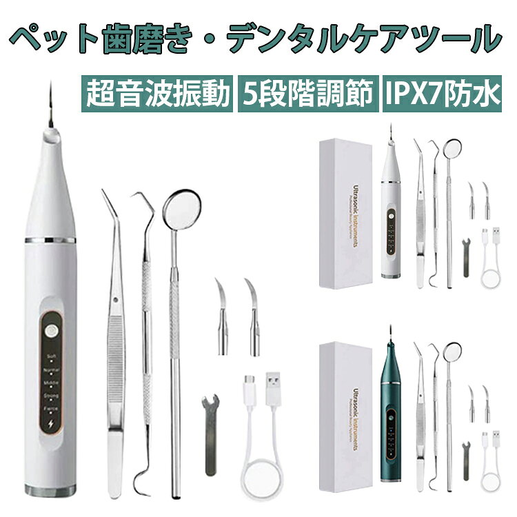 【先進的で安全な超音波洗浄技術】弊社の歯垢除去器は高周波振動（先端振動周波数は40 KHz）を採用し、洗浄率は普通の歯洗浄器より50%高い。モーターの振動がなく、低騒音。歯や硬い物に触れるまで振動を感じません！【安全で犬の歯茎を保護する】この電動歯ブラシキットは歯茎スマート認識機能があり、歯や硬い物に触れた時のみ作動し、歯茎や柔らかい皮膚に触れた時は自動的に作動を停止し、ペットの歯茎を守ります。【時間とお金を節約】このお得な歯の美白キットは、効果的に歯垢や歯菌斑を除去し、病院なしで自宅で犬をきれいにし、愛犬のずぼらな生活を変え、親密な時代に戻します！【5つの安全なクリーニングモードとLEDライト】歯クリーナーには、ソフト、ノーマル、ミディアム、ストロングを含む5つのモードがあります。内蔵のLEDライトで歯の汚れをはっきり確認できます。 サイズ 5点セット サイズについての説明 サイズ　2.4×2.4×20cm 補助ライト：高輝度LEDライト 消費電力：3W 動作電圧：3.7V バッテリー容量：500mAh 充電時間：約2時間 素材 プラスチック 色 ホワイト グリーン 備考 ●サイズ詳細等の測り方はスタッフ間で統一、徹底はしておりますが、実寸は商品によって若干の誤差(1cm～3cm )がある場合がございますので、予めご了承ください。 ●製造ロットにより、細部形状の違いや、同色でも色味に多少の誤差が生じます。 ●パッケージは改良のため予告なく仕様を変更する場合があります。 ▼商品の色は、撮影時の光や、お客様のモニターの色具合などにより、実際の商品と異なる場合がございます。あらかじめ、ご了承ください。 ▼生地の特性上、やや匂いが強く感じられるものもございます。数日のご使用や陰干しなどで気になる匂いはほとんど感じられなくなります。 ▼同じ商品でも生産時期により形やサイズ、カラーに多少の誤差が生じる場合もございます。 ▼他店舗でも在庫を共有して販売をしている為、受注後欠品となる場合もございます。予め、ご了承お願い申し上げます。 ▼出荷前に全て検品を行っておりますが、万が一商品に不具合があった場合は、お問い合わせフォームまたはメールよりご連絡頂けます様お願い申し上げます。速やかに対応致しますのでご安心ください。