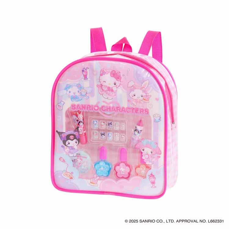「サンリオキャラクターズ」のバックパックの中には、キラキラのラメが入ったネイルカラーやリップグロス、リップスティック、キャラクターがプリントされたかわいいつけ爪などが揃っていて、おしゃれに目覚めたキッズにぴったりなコスメセット。ぷくぷくかわいいおなまえチャームも入ってるよ♪バックパックの紐の長さは調整できます。かわいいバッグを持っていっぱいおでかけしちゃお！自分用やプレゼントにも最適です♪メイクを落とす際は、石鹸を泡立ててメイクになじませ、水またはぬるま湯で洗い落としてください。ネイルカラーは水溶性なので除光液を使わず、水で落とせます。落とす時は水またはぬるま湯で爪を軽くこすりながら落としてください。【セット内容】リップグロス×1、リップスティック×1、水性ネイルカラー×3、つけ爪×1、おなまえチャーム×1●商品サイズ（cm）幅約20.8×奥行約7.6×高さ約23.7●商品重量約0.2kg●材質対象年齢6才　電池不使用　バッグ、容器：プラ（検索用：キッズコスメ サンリオ サンリオキャラクターズ バックパック メイクセット NM バックメイク 水性ネイル リップスティック キッズメイク 4589581117742）最強翌日配送対象商品に関するご案内 最強翌日配送対象商品・対象地域に該当する場合は最強翌日配送マークがご注文カゴ近くに表示されます。 最強翌日配送可能なお支払方法は【クレジットカード、代金引換、全額ポイント支払い】のみとなります。 下記の場合は最強翌日配送対象外となります。 ・15点以上ご購入いただいた場合 ・時間指定がある場合 ・ご注文時備考欄にご記入がある場合 ・決済処理にお時間を頂戴する場合 ・郵便番号や住所に誤りがある場合 ・最強翌日配送対象外の商品とご一緒にご注文いただいた場合 ・お届け先住所文字数が40文字以上の場合