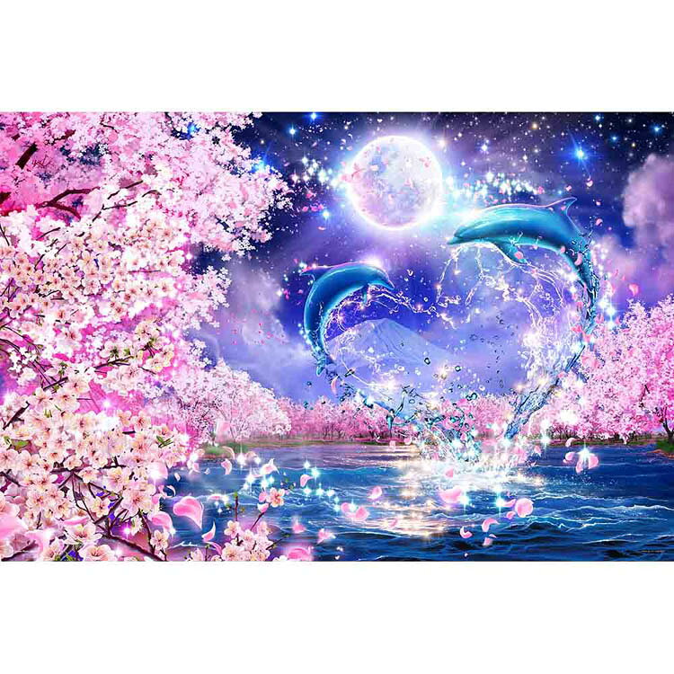 Rakuten - パズル 1000P サクラエタニティ 10-1457ジグソーパズル 1000ピース 50×75cm ラッセン イルカ 月 桜 イラスト 夜 ハート Yanoman やのまん