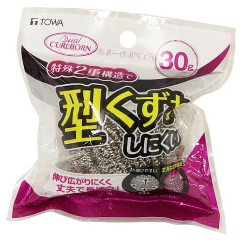 キャッチコピーデュアルカールボーン 30g特長○特殊2重構造で型くずれしにくいステンレスたわしです。 ○伸び広がりにくく丈夫で長持ちです。 ○しっかり握れるから力強く磨けます。 ○伸びた線が指などに絡まりにくくなっています。 ○鉄製のフライパン・中華鍋のコゲつきや頑固な汚れ落ちしに最適です・仕様商品サイズ : 65×70×65mm素材 : 18-8ステンレス・ステンレス鋼備考※メーカー取り寄せ商品となりますので、ご注文後の注文キャンセルはお承りできません。※メーカー取り寄せ商品となりますので、返品交換は一切お受けいたしかねます。ただし初期不良の場合でメーカーに在庫が確認できる場合は交換にて対応致します。※商品開梱後は組み立てやご使用の前に、コンディション・付属品類が揃っていることをご確認ください。 お客様の都合による返品・交換はお受けできませんので、ご注意ください。※掲載商品は、メーカー都合により予告無く仕様を変更（商品名やパッケージを含む）する場合があります。そのため、掲載内容（商品名・商品説明・商品画像等）はお届けする品物と異なる場合がございます。※メーカー取り寄せ商品となりますので、メーカー欠品の場合はご注文をキャンセルさせていただきます。あらかじめご了承ください。※取り寄せ品のため納期が前後する場合がございます。あらかじめご了承下さい。