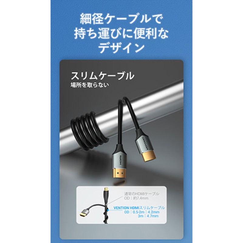 VENTION 極細HDMIケーブル Male to Male HDケーブル アルミニウム合金タイプ 2m グ...
