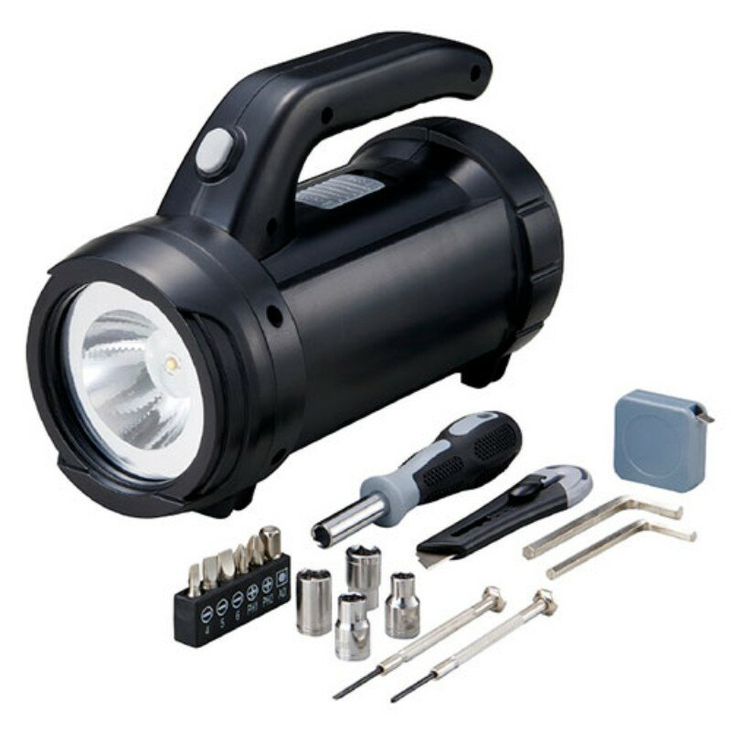 工具付懐中ライト カッターナイフ・メジャー・六角レンチ・ドライバービット各種・六角ソケット・精密..