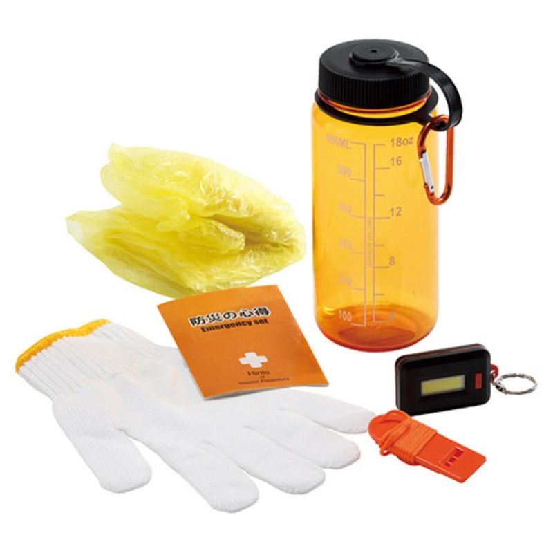 【5本セット】 防災ボトル7点セット ボトル(約600ml)・COBライト・レインポンチョ・ホイッスル・軍手・防災の心得・カラビナ 22558207X5 [▲][AS]