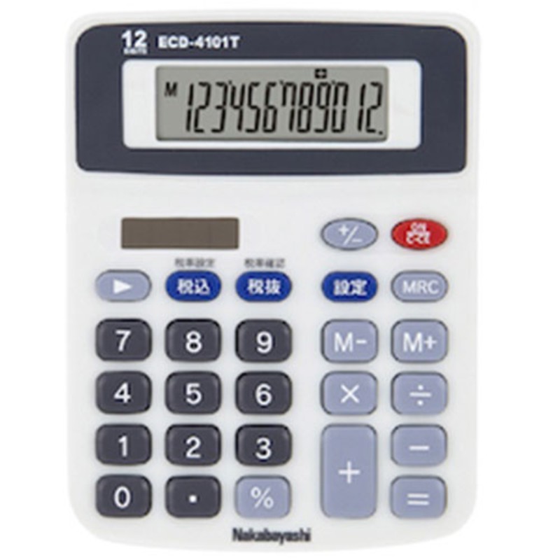 特長税込・税抜などの税計算ができます。税率設定が可能です。爽快な押し心地のプラスチック製のキートップを採用しています。太陽電池とボタン電池を併用することで低照度時でも使用できます。先に押したキーを離す前に次のキーを押しても入力を受け付け、素早い入力に対応できます。仕様本体寸法 : W95×D25×H126mm本体重量 : 72g材質 : 本体、キー/ABS樹脂機能 : 12桁表示/早打ち対応/2つの電源/税計算備考※メーカー取り寄せ商品となりますので、ご注文後の注文キャンセルはお承りできません。※メーカー取り寄せ商品となりますので、返品交換は一切お受けいたしかねます。ただし初期不良の場合でメーカーに在庫が確認できる場合は交換にて対応致します。※商品開梱後は組み立てやご使用の前に、コンディション・付属品類が揃っていることをご確認ください。 お客様の都合による返品・交換はお受けできませんので、ご注意ください。※掲載商品は、メーカー都合により予告無く仕様を変更（商品名やパッケージを含む）する場合があります。そのため、掲載内容（商品名・商品説明・商品画像等）はお届けする品物と異なる場合がございます。※メーカー取り寄せ商品となりますので、メーカー欠品の場合はご注文をキャンセルさせていただきます。あらかじめご了承ください。※取り寄せ品のため納期が前後する場合がございます。あらかじめご了承下さい。