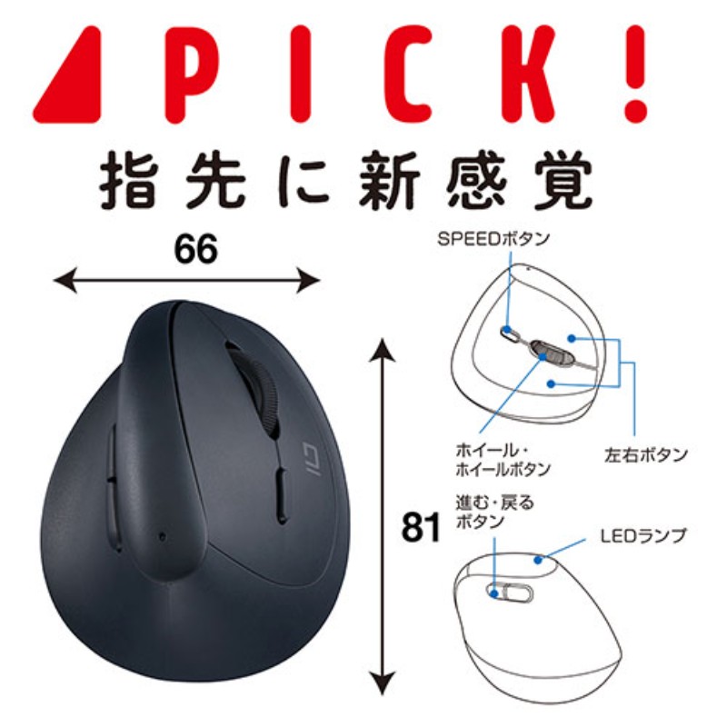 ナカバヤシ PICK！ Bluetooth ミニエルゴ静音5ボタン BlueLEDマウス ブラック MUS-BKF223BK [▲][AS]