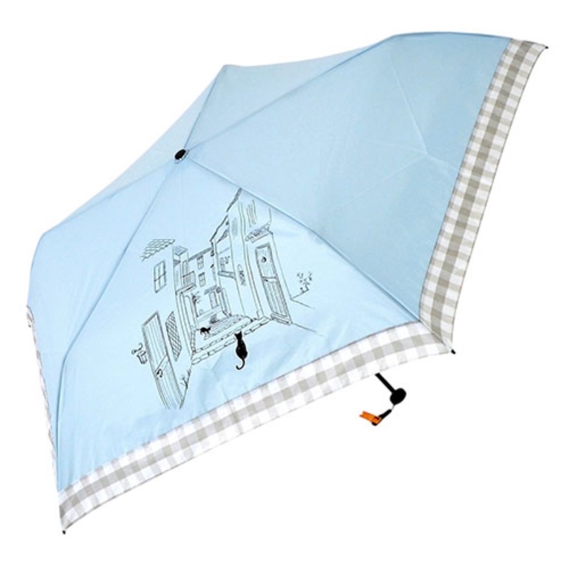 三国 MKN 50cm 折りたたみ傘 軽量コンパクト チェック切継ぎと猫 Tiny mini 5本骨のミニタイプ サックス(ライトブルー) A2112373 [▲][AS]