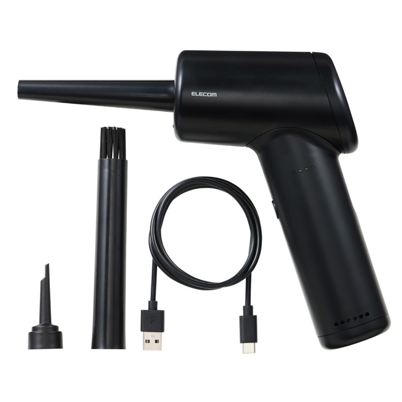【ELECOM/エレコム】 エアダスター 電動 USB充電式 強力 ブロワー 3段階風量調整 3種類ノズル ライト付き 【 PC周辺機器 の 掃除 】 ブラック [▲][EL]
