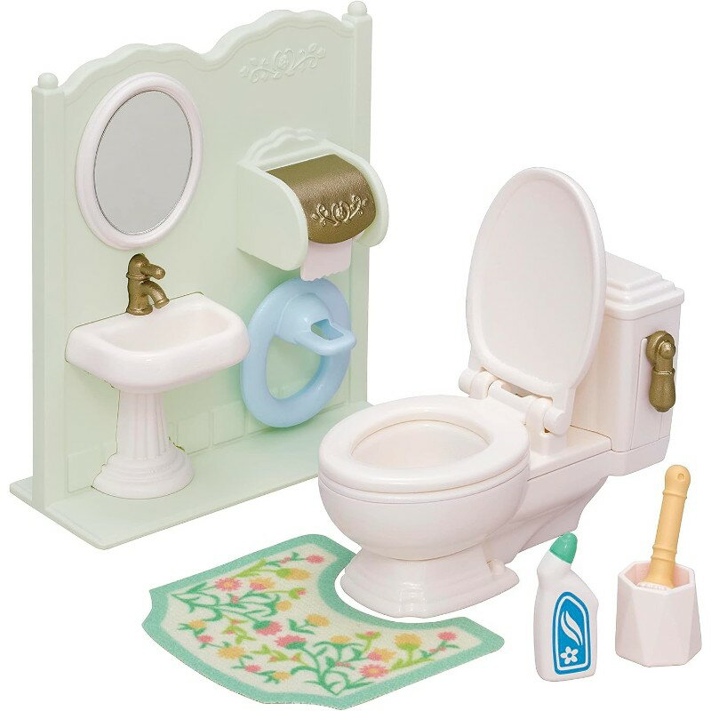 商品紹介カ-629 トイレセット シルバニア 家具 ホビー おもちゃ*トイレ、手洗い台、おそうじ道具、赤ちゃん用便座、トイレマットなどがついたセットです。*トイレのレバーを動かすと水が流れます。トイレットペーパーは引き出して遊べる仕掛けつき...