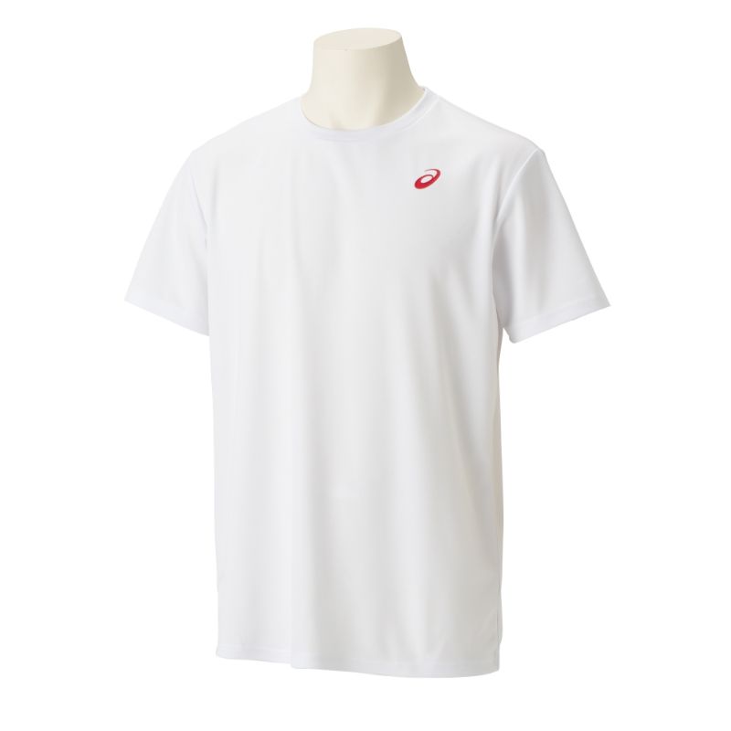 【asics/アシックス】 150サイズ ドライワンポイント 半袖シャツ トレーニング ウェア (メンズ) Bホワイト×Cレッド 2031E017 [▲][ZX]