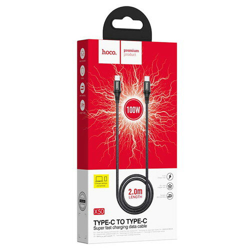 日本トラストテクノロジー hoco X50 100W PD対応ナイロンケーブル 2m X50-100TC20-BK タブレット 携帯電話 スマートフォン ケーブル[▲][AS]