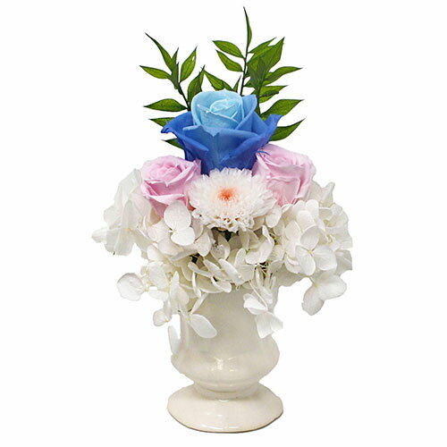 キャッチコピー贈りものにピッタリなプリザーブドフラワー。花器付きですぐに飾れます。特長プリザーブド加工を施しているので、水やりいらずで長持ちします。高級花材をふんだんに使用し趣向を凝らしたフラワーギフト。ギフトやプレゼントに最適です。仕様素材:青　バラ、小菊生産国:日本パッケージサイズ:130*190*130mmパッケージ込重量:250g備考※メーカー取り寄せ商品となりますので、ご注文後の注文キャンセルはお承りできません。※メーカー取り寄せ商品となりますので、返品交換は一切お受けいたしかねます。ただし初期不良の場合でメーカーに在庫が確認できる場合は交換にて対応致します。※商品開梱後は組み立てやご使用の前に、コンディション・付属品類が揃っていることをご確認ください。 お客様の都合による返品・交換はお受けできませんので、ご注意ください。※メーカー取り寄せ商品となりますので、メーカー欠品の場合はご注文をキャンセルさせていただきます。あらかじめご了承ください。