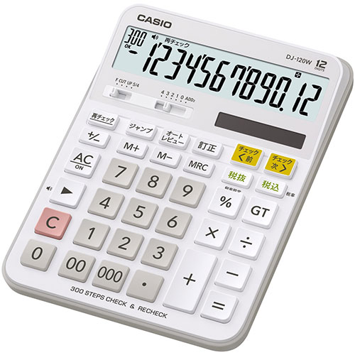 キャッチコピー2種類のチェック機能搭載。売上集計や家計簿付けに特長2つの方法で検算ができる「チェック検算電卓」見ながらチェック/2度打ちでチェック/000キー店舗の売上げ集計や家計簿付けに/デスクサイズ仕様●製品特長:検算機能 みながらチェック機能(300ステップ)税計算(税額計算や税率の変更可能)傾斜表示●製品タイプ:デスクタイプ(卓上で便利)●桁数:12桁●液晶ディスプレイ:計算状態表示 3桁位取り表示●キーの特徴:プラスチックキー 凹凸キー●キーの機能:早打ち機能(2キーロールオーバー)ツーゼロ(00)スリーゼロ(000)桁下げ(バックスペース: )サインチェンジ(符号切替)●メモリー:メモリー数 2 総合計(グランドトータル計算)独立メモリー(M+、M-、MRCキー方式)●電源:T・W・P(ソーラー・電池の2電源) 電池　LR44 × 1電池寿命　約3年(1日1時間使用時)オートパワーオフ●サイズ(奥行 × 幅 × 高さ)192 × 144 × 34.6 mm●質量:205 g●表示形式の設定:小数点セレクター(4/3/2/1/0/ADD2)ラウンドセレクター(表示桁数内での小数表示/切り捨て/切り上げ/四捨五入)●基本計算:四則計算四則定数計算マルチパーセント計算概数計算保証期間:1年間生産国:フィリピン備考※メーカー取り寄せ商品となりますので、ご注文後の注文キャンセルはお承りできません。※メーカー取り寄せ商品となりますので、返品交換は一切お受けいたしかねます。ただし初期不良の場合でメーカーに在庫が確認できる場合は交換にて対応致します。※商品開梱後は組み立てやご使用の前に、コンディション・付属品類が揃っていることをご確認ください。 お客様の都合による返品・交換はお受けできませんので、ご注意ください。※メーカー取り寄せ商品となりますので、メーカー欠品の場合はご注文をキャンセルさせていただきます。あらかじめご了承ください。