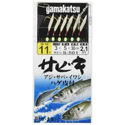 商品名: サビキ金袖 ブランド: Gamakatsu（がまかつ） 品番: S501 号数: 11 ハリス: 3 幹糸: 5 入数: 1組入 使用鈎: 金袖（金）ハゲ皮夜光ビーズ付6本 枝(A): 8cm 間隔(B): 30cm 全長(C): 210cm