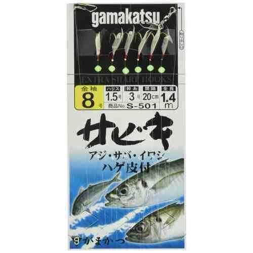 堤防や波止での釣りに適したサビキ仕掛け。 使用鈎: 金袖（ハゲ皮夜光ビーズ付き） 枝の長さ: 5cm 間隔: 20cm 全長: 140cm スペック 品番: S501 号数: 8 ハリス: 1.5 幹糸: 3 入数: 1組入