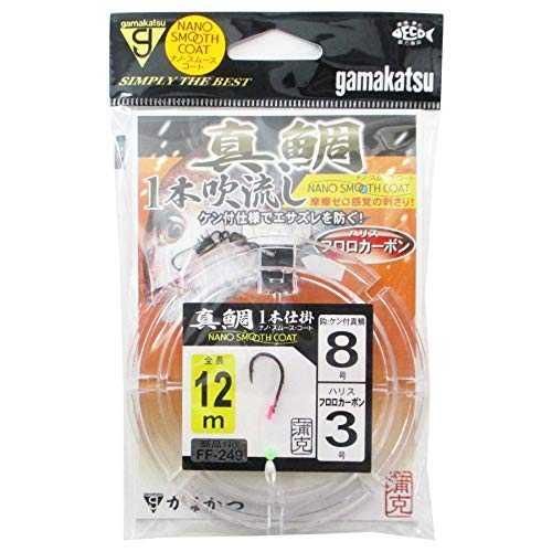 ケン付仕様でエサズレを防ぐ。 編み込み補強により、鈎のタタキでのハリス切れを防止。 ブイヘッド結び強度アップ・糸ズレ防止。 タタキ部分にV字型の溝加工により、ハリスを軸のセンターで固定。 ハリスを押しつぶさず、結び目の回転を防止。 ラインロックシステムにより、結び強度を確保。 ナノ・スムース・コート(NANO SMOOTH COAT)で摩擦抵抗を劇的に減少。 強い撥水性能を持つPTFE複合表面処理加工。 摩擦係数の少ない物質で、刺さりの良さを実現。 ハリス: フロロカーボン 真鯛吹き流し1本仕掛 12m 品番: FF249 号数: 8 ハリス: 3 入数: 1