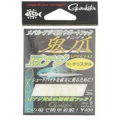 市場シェアNO.1のサポートフック「鬼爪」シリーズに新たに登場した豆アジスペシャル。フッキングの難しい豆アジングに特化した設計が特徴です。 豆アジに実績の高いカラーパターンを採用 超軽量小鈎を使用し、高確率でフックアップ 難易度の高いマイクロベイトパターンにも対応 スペック 入数: 5本 カラー: ＃1 クリスタルカラー メーカー品番: 42501-1-0