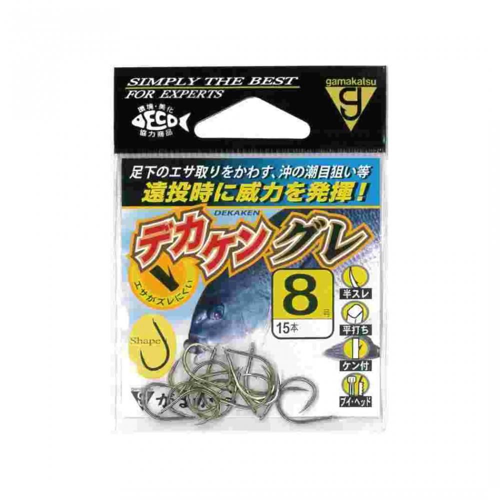 エサズレを防ぎ、遠投時に威力を発揮するグレ鈎。 軸部に通常サイズより大きな「デカケン」を採用 沖の潮目や湧きグレを狙う際にエサがズレにくい 柔らかい生オキアミ使用時や仕掛を流して張る状況でもエサズレを防止 しっかりとエサが付いている安心感を提供 長時間のアタリ待ちが可能で釣果アップに寄与 カラーはグレに警戒心を与えない「茶」 しっかりとした軸径で不意の良型にも対応 スペック 品名コード: 68617 号数: 8 入数: 15