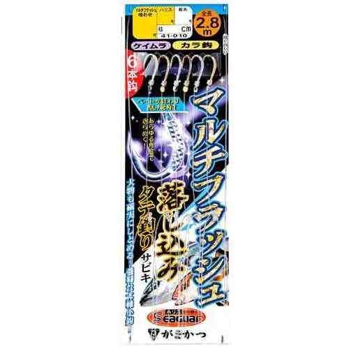 鈎の胴打部分に施した「マルチフラッシュ」が光を乱反射し、下向きに出した枝が落し込む際に広がり、ベイトの乗りを誘発。またハリスが折れ曲がらずに結節強度の低下を押さえます。 カラ鈎仕様とファイバー仕様を状況に応じて使い分け 商品名: Gamakatsuがまかつ 41-010 マルチフラッシュ落し込みサビキ カラ鈎6本 号数: 8 ハリス: 10 幹糸: 12 全長: 2.8m 入数: 1組