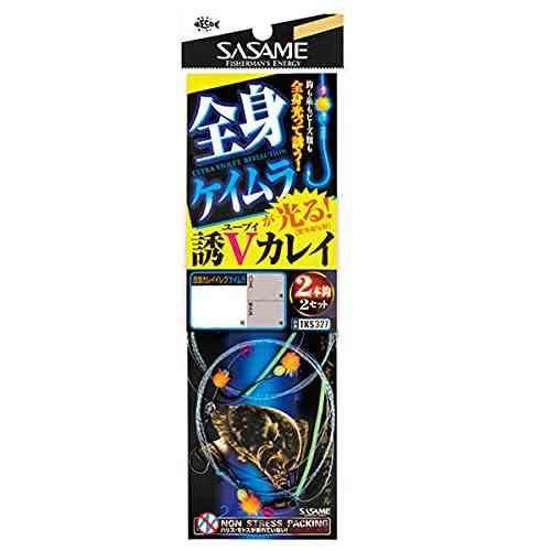 全身がケイムラ反射する超アピール設計の釣り鈎。 鈎・糸・ビーズが一体となったデザイン 高い視認性で魚を引き寄せる 2本鈎×2セットの構成 スペック 号数: 13 ハリス: 5 モトス: 8 全長: 1.0m