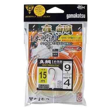 ケン付仕様でエサズレを防ぐ。 編み込み補強により、鈎のタタキでのハリス切れを防止。 ビシッとしっかり。安心と信頼の結び強度。 タタキ部分にV字型の溝加工により、ハリスを軸のセンターで固定。 ハリスを押しつぶさず、結び目の回転を防止。 ラインロックシステムにより、結び強度を確保。 ハリスの性能を最大限引き出すことが可能。 ナノ・スムース・コート(NANO SMOOTH COAT)による摩擦抵抗の劇的減少。 強い撥水性能を持つPTFE複合表面処理加工。 摩擦係数の少ない物質で、刺さりの良さを実現。 真鯛吹き流し1本仕掛 15m 品番: FF250 号数: 9 ハリス: 4 入数: 1