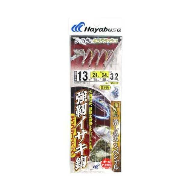 強靭なイサキ鈎を使用した船・胴突式の釣り具。 大物の強烈なパワーに耐える強靭イサキ鈎 ホロシール直貼りのフラッシング仕様 鈎全体にケイムラコートを施し、キラメキを強化 スペック 鈎: 13号 ハリス: 24号 幹系: 24号 全長: 3.2m 袋入り数: 5本鈎1セット 鈎種・色: 強靭イサキ、白 対応魚種: ハマチ、イナダ、メジロ、ワラサ、ブリ、ヒラマサ、カンパチ、ヒラメ、ツバス、ワカシ カラー: シルバー系