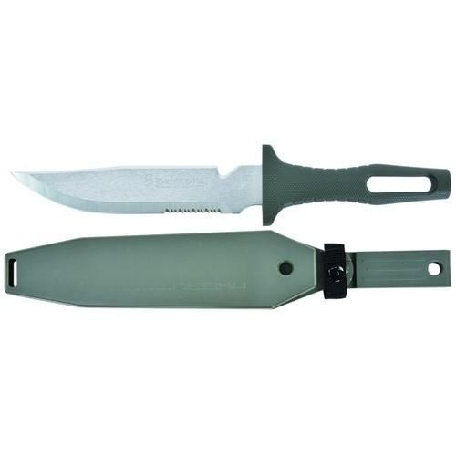 多用途に対応したナイフ。釣りやキャンプ、登山などのアウトドア活動に最適。 刃部は刃物用ステンレス鋼を使用 ハンドルとケースはPP樹脂、エラストマー樹脂、ABS樹脂で構成 全長は330mm、刃渡りは190mm 重量は約280g（シース含む） 未成年者への販売は行っていない 刃渡り5.5cm以上の刃物を正当な理由なく携帯することは法律で禁止 スペック サイズ: 全長 330mm 刃渡り: 190mm 重さ: 約280g（シース含む） カラー: シルバー系
