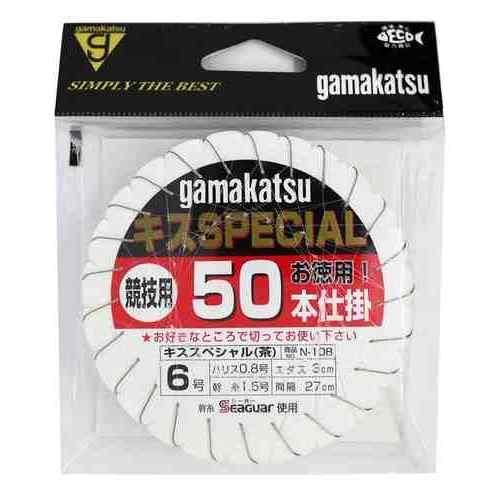 Gamakatsuがまかつ キススペシャル50本仕掛 品名コード: N108 号数: 6 入数: 1 ハリス: 0.8 エダス(cm)(エステル使用): 3 幹糸: 1.5 間隔(A)(cm): 27 使用鈎: キススペシャル(茶) 50本(1組入)