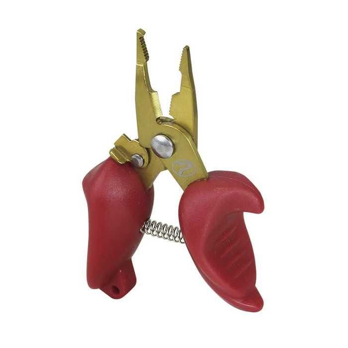 コンパクトで使いやすい極小プライヤー。 材質: ステンレス・ABS ゴールドチタンコーティング スプリットリング対応サイズ: ?＃3 PEライン対応 カラー: レッド スペック サイズ: 極小 重量: 情報なし カラー: レッド
