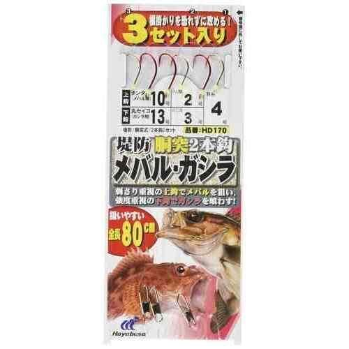 刺さり重視の上鈎と強度重視の下鈎を組み合わせた釣具。 上鈎はメバルを狙うための設計 下鈎はガシラを狙うための強度を重視 対象魚種: カサゴ、ガシラ、ホゴ、メバル 鈎種: チンタ×丸セイゴ 袋入り数: 2本鈎3セット 製品形態: 堤防・胴突式 スペック 全長: 80cm 鈎: 10、13号 ハリス: 2、3号 幹糸: 4号 カラー: ゴールド系