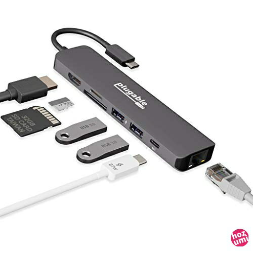 Plugable USB-C ハブ 7-in-1 マルチアダプター イーサネット付き Windows Mac Chromebook 互換（4K HDMI、USB 3.0 ポート x2、SD/microSD カードリーダー、87W 充電）US