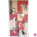 猫柄のれん幅85×170cm丈ロングサイズ 和風「貼り絵七福ねこ RED」csm-100-tera
