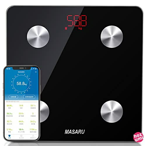 MASARU マサル 体重計 体脂肪計 体組成計 スマホ Bluetooth対応 コンパクト ヘルスケア デジタル 高精度 13項目測定可能 iPhone/Androidアプリで健康管理 データ自動記録 登録人数無制限 電池付属 日本語取扱