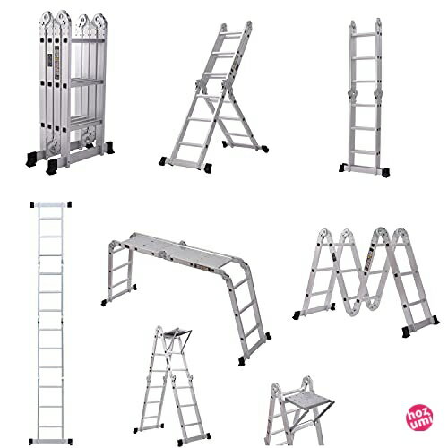 DayPlus 多機能はしご 3.7M (12.1 ft) アルミ はしご兼用脚立 踏み台 折りたたみ 足場台 洗車作業台 伸縮 はしご 多関節脚立 持ち運びに便利 軽量 耐荷重150 kg 簡単14変化 日本語説明書 (足場板2枚と物置フ