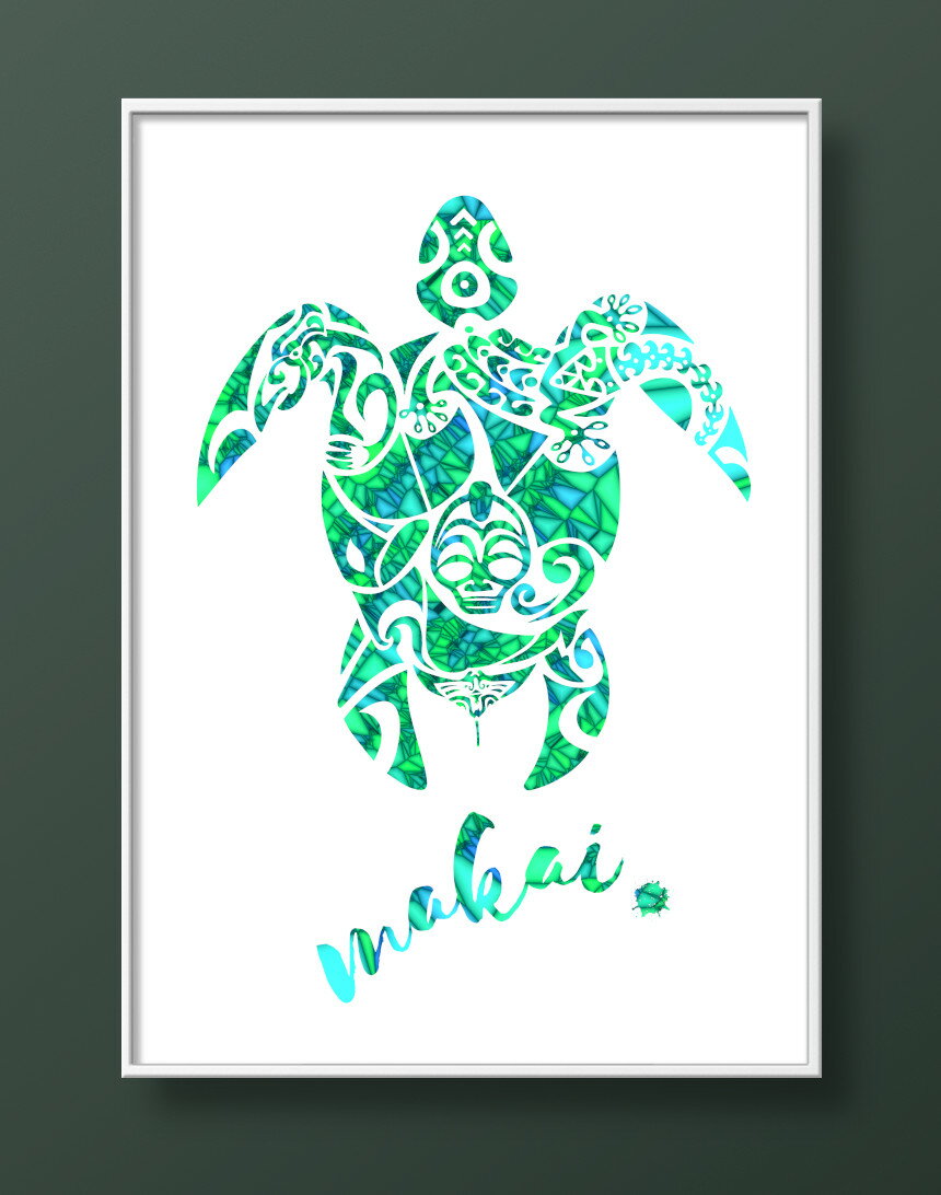 【送料無料】ハワイ アートポスター ポスター A2 A3 雑貨 土産 海 ウミガメ 海亀 亀 turtle ハワイ語 アートプリント 絵 デザイン インテリア ハワイアン アート HAWAII makai
