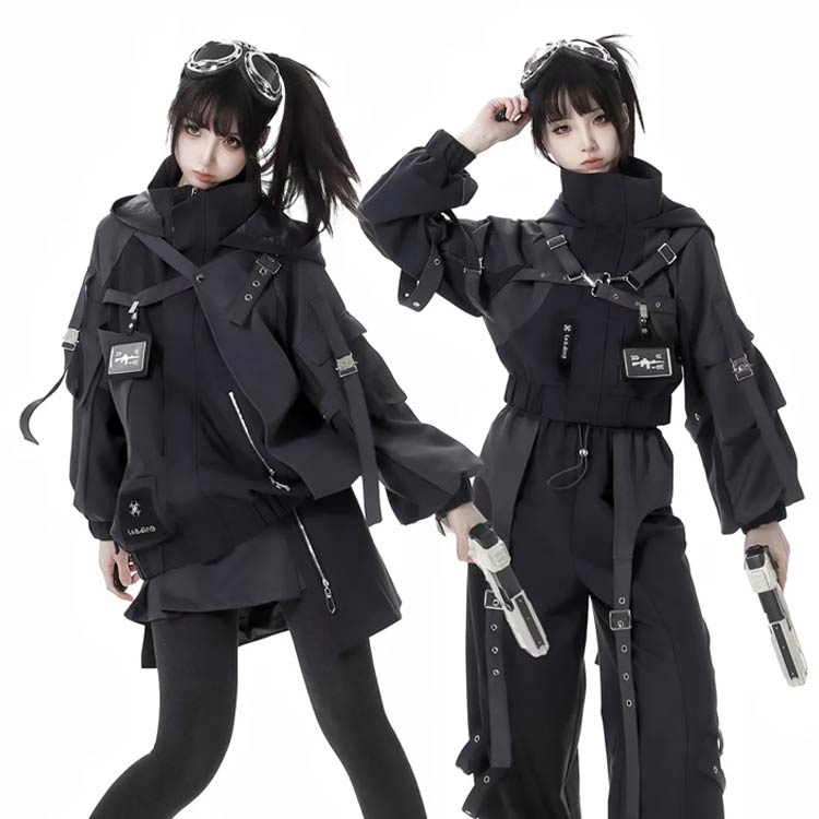 ジャージ ジャケット 機能服 ビジュアル系 男女兼用 パーカー フード付き 運動服 長袖 地雷系 アウター 暗黒系 大きいサイズ ゴシック風 普段着 地雷系 病み可愛い サブカル系 前開き ストリート系 黒 ブラック