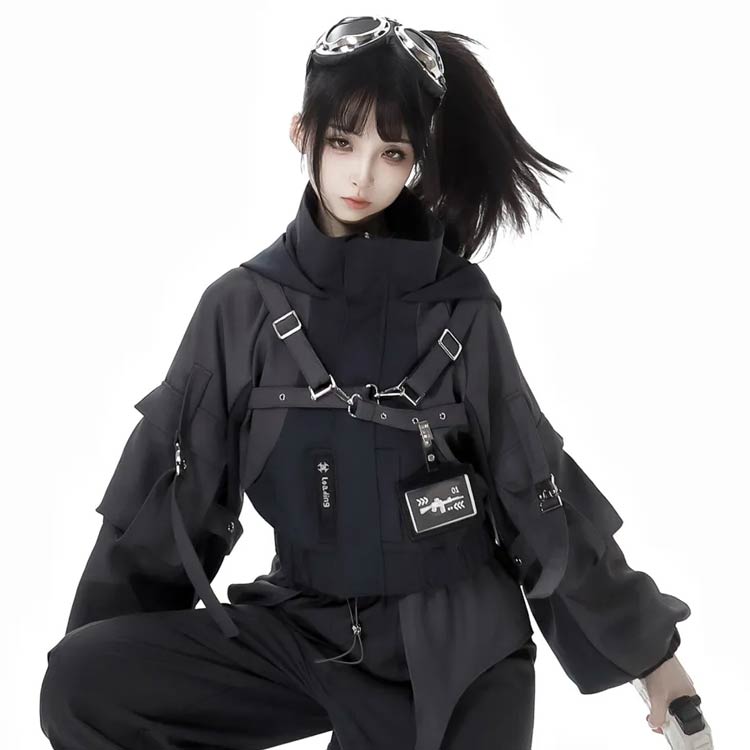 ジャージ ジャケット 機能服 ビジュアル系 男女兼用 パーカー フード付き 運動服 長袖 地雷系 アウター 暗黒系 大きいサイズ ゴシック風 普段着 地雷系 病み可愛い サブカル系 前開き ストリート系 黒 ブラック