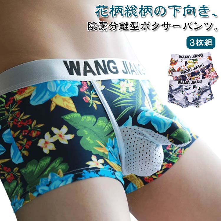3枚組 ボクサーパンツ 陰嚢分離型 下向き 網ポケット付き メンズ アンダーウェア 下着 ボクサーパンツ 花柄 総柄 ドライ 陰嚢分離 パンツ 3D 立体構造 通気 蒸れない 爽やか 感触 吸汗速乾 ストレッチ ポジション 固定 男性下着 貫通 穴あき ボクサー パンツ 送料無料(4.0)