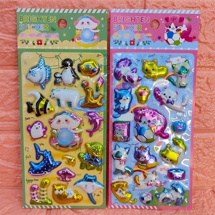 7枚セット ぷくぷくシール メタリック パンダ 3D 光る LED内蔵 立体 グリッター 金箔押し つやつや くま 猫 動物シール デコシール ごほうびシール キラキラ ぷっくりシール 立体シール 3Dステッカー 派手 ゆめかわ 女の子 ノート