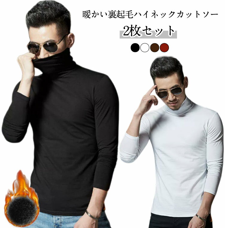 2枚セット 裏起毛 カットソー ハイネック 厚手 長袖 tシャツ メンズ ロンT タートルネック 長袖カットソー 長袖tシャツ 秋 冬 インナーシャツ 暖かい あったか 防寒 保温 ストレッチ インナー ヒートテック ヒートインナー タイト 細身 スリム 大きいサイズ 黒 白 【送無】
