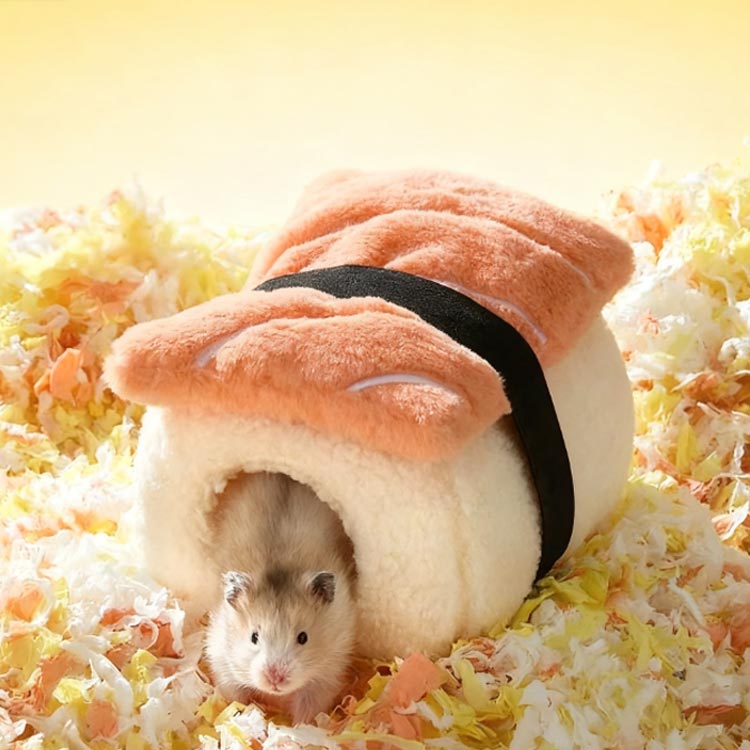 送料無料 洞窟 ハウス ベッド 冬用 小動物 お寿司クッション モルモット 保温 送料無料 ボアフリース もこもこ 寝袋 サーモン型 あったか 防寒 中綿入り 洗える かわいい ハリネズミ キンクマ 暖かい ふわふわ 冬対策