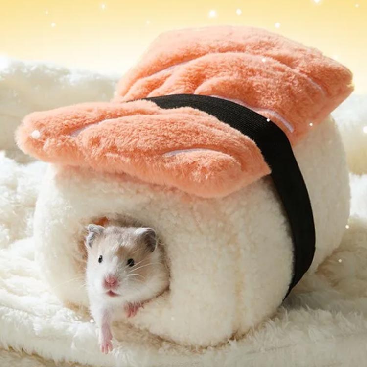 送料無料 洞窟 ハウス ベッド 冬用 小動物 お寿司クッション モルモット 保温 送料無料 ボアフリース もこもこ 寝袋 サーモン型 あったか 防寒 中綿入り 洗える かわいい ハリネズミ キンクマ 暖かい ふわふわ 冬対策