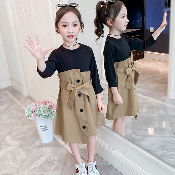 韓国子供服ワンピース女の子長袖ワンピアンサンブル膝丈上春秋オシャレグリーンページュカジュアル系キッズガールズワンピース体型カバーお出かけ通学大人気110cm120cm130cm140cm150cm160cm