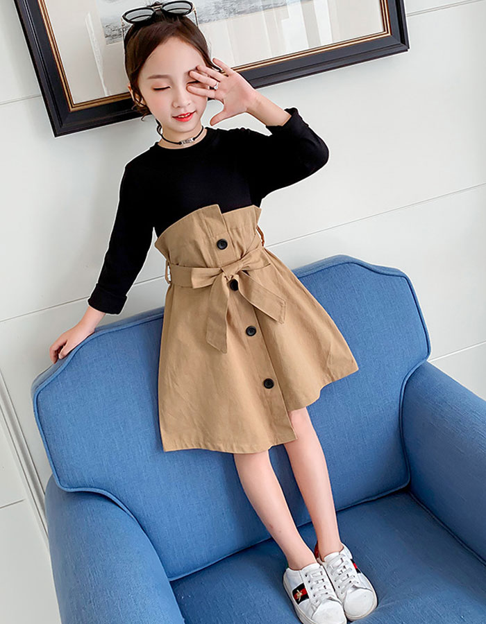 韓国子供服ワンピース女の子長袖ワンピアンサンブル膝丈上春秋オシャレグリーンページュカジュアル系キッズガールズワンピース体型カバーお出かけ通学大人気110cm120cm130cm140cm150cm160cm