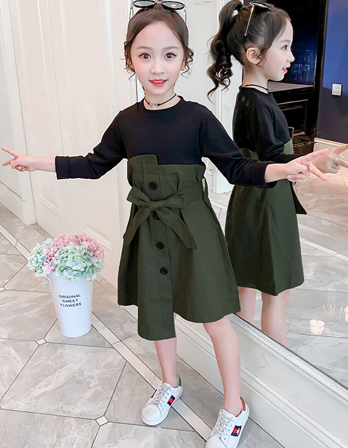 韓国子供服ワンピース女の子長袖ワンピアンサンブル膝丈上春秋オシャレグリーンページュカジュアル系キッズガールズワンピース体型カバーお出かけ通学大人気110cm120cm130cm140cm150cm160cm